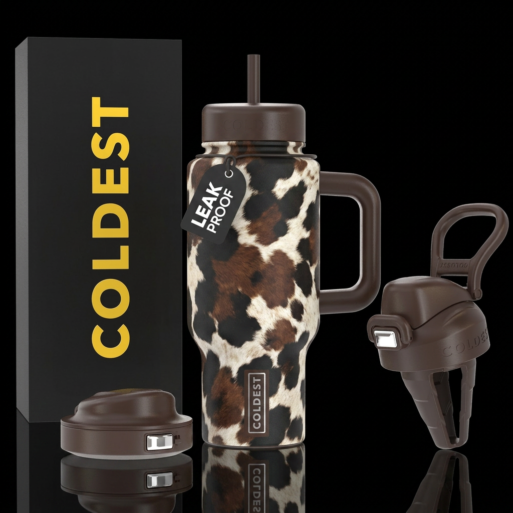 Black brown white dappled cow print water bottle design