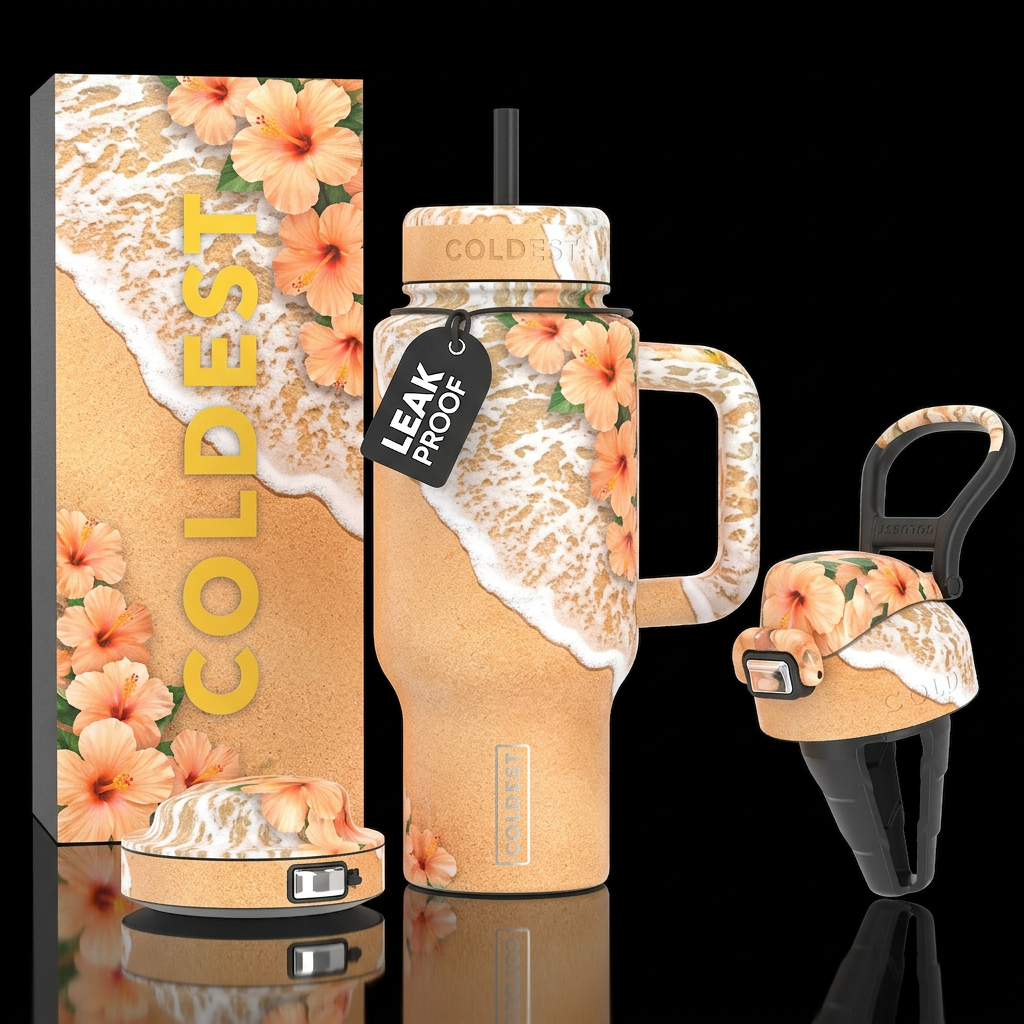 Hawaiian style peach cream hibiacus in the white s... water bottle design