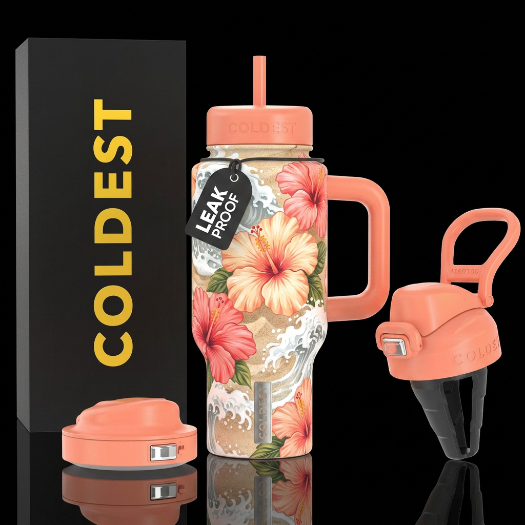 Hawaiian style peach cream hibiacus in the white s... water bottle design