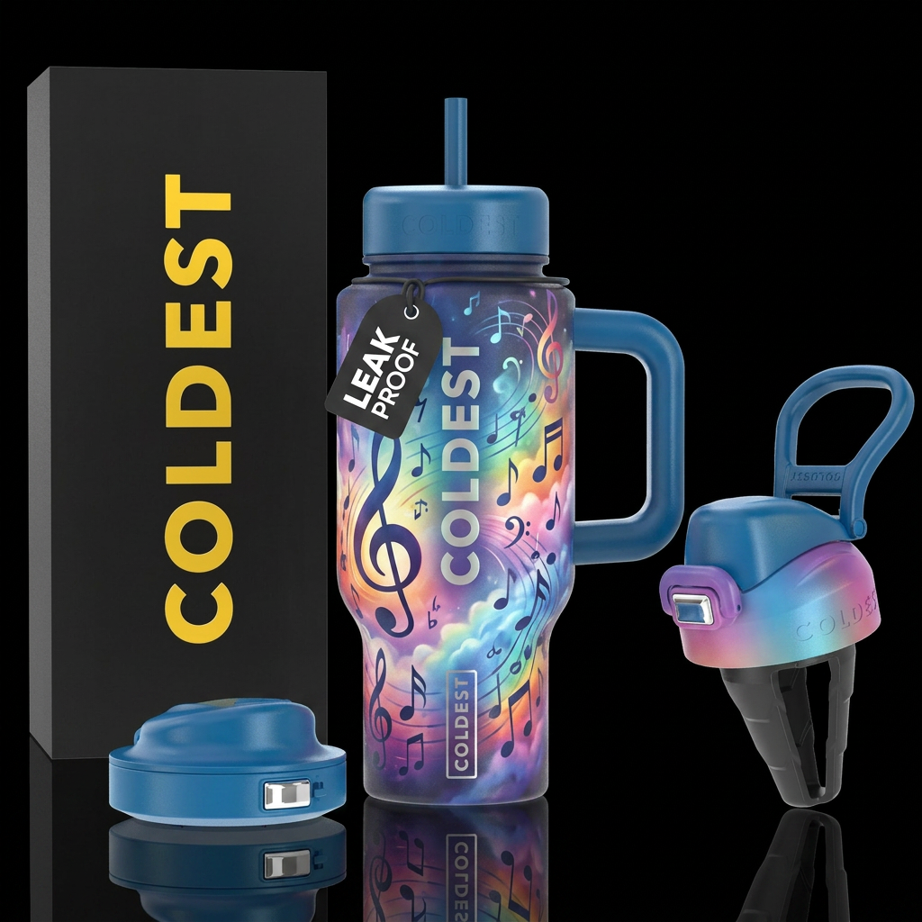 Music notes swirling in dreamy clouds rainbow haze water bottle design