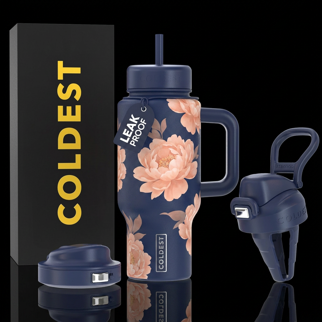 Navy blue with transparency 70% peach peony blosso... water bottle design