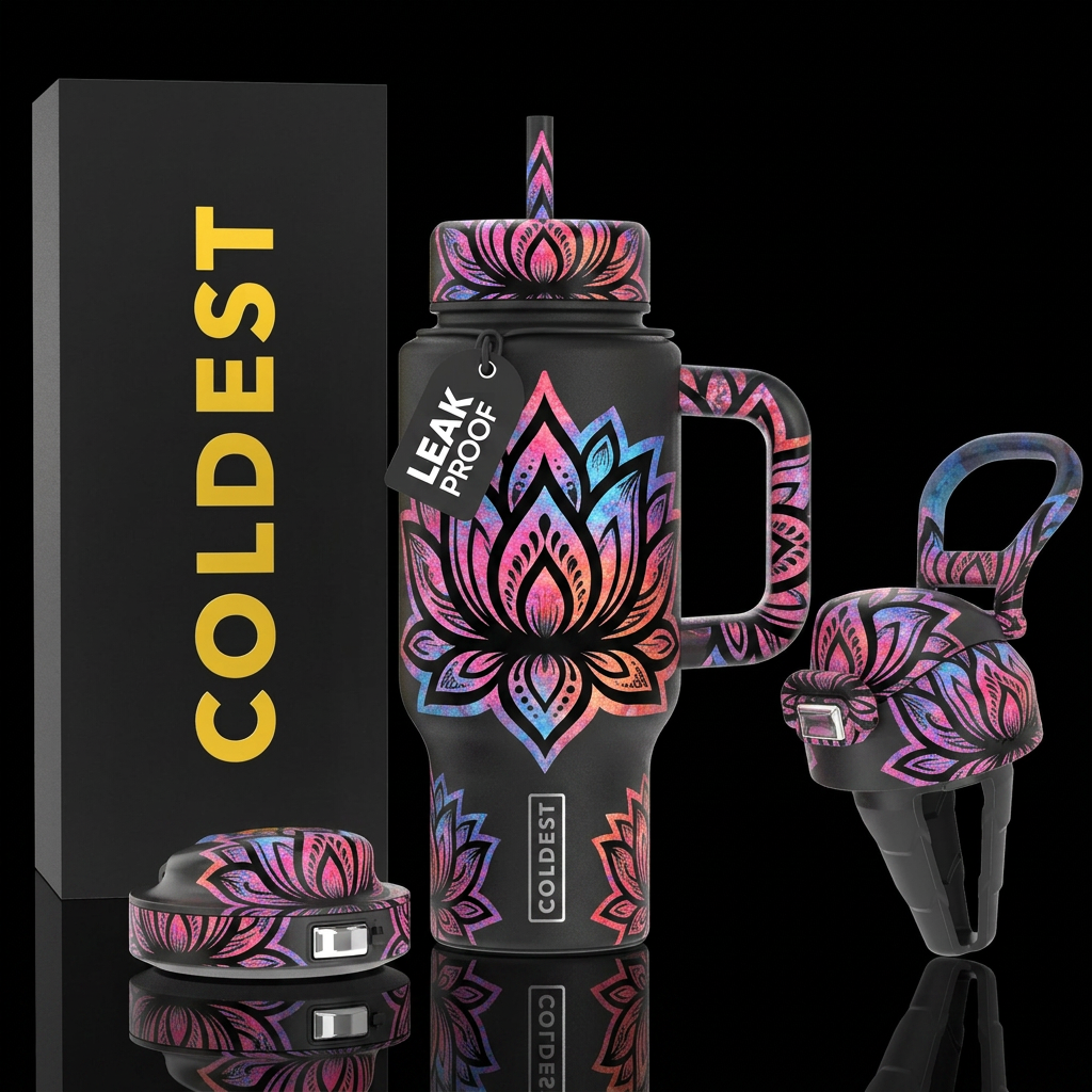 Black lotus flower silhouette water bottle design