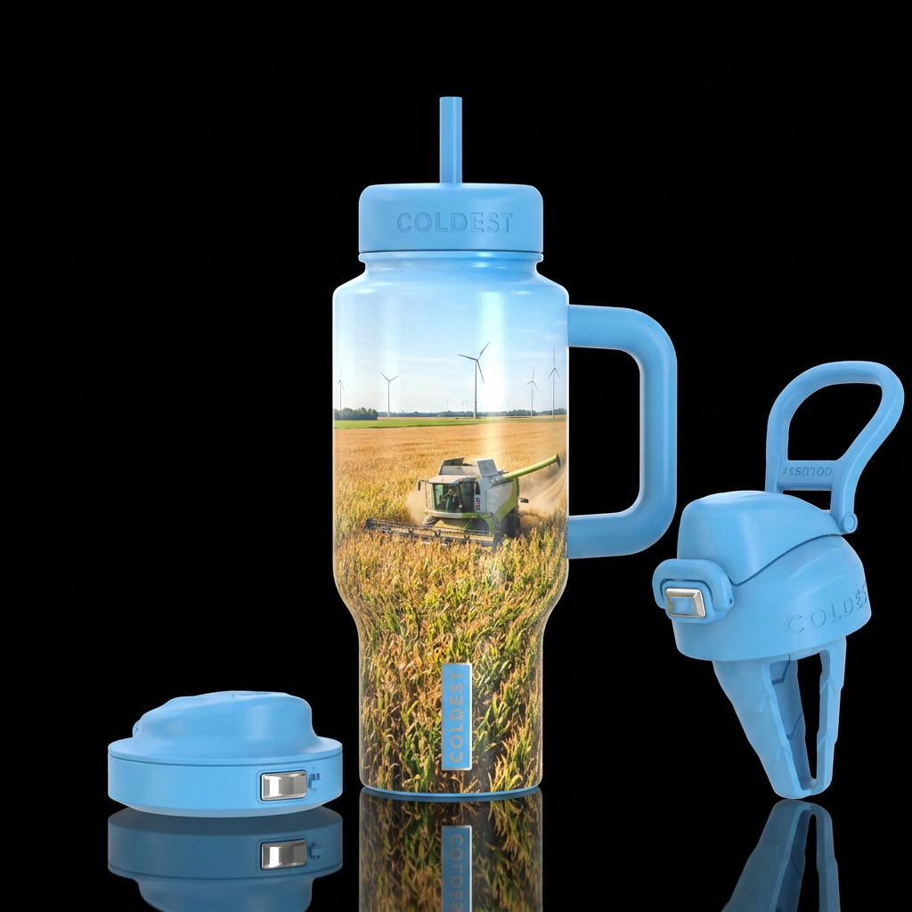 Combine harvester running in the corn field wind t... water bottle design