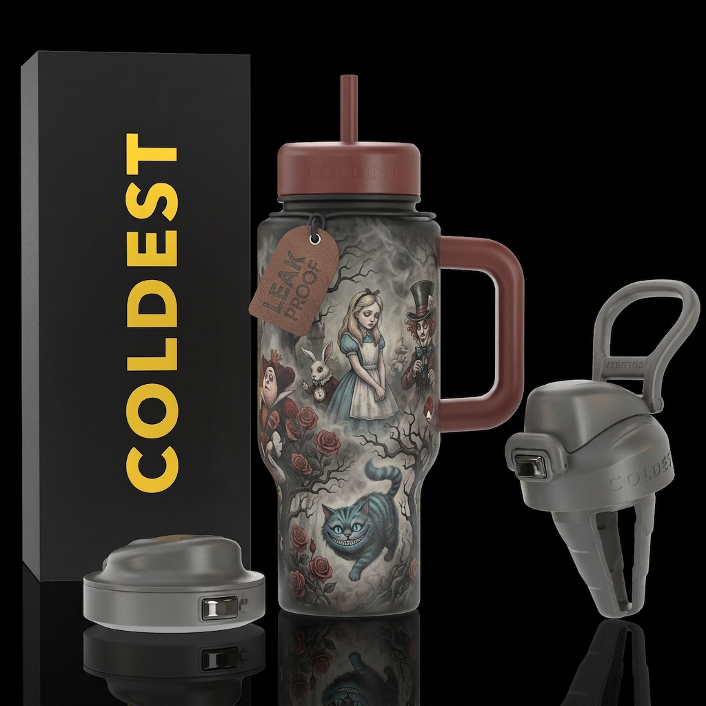 Dark Gothic Alice in wonderland and characters sce... water bottle design