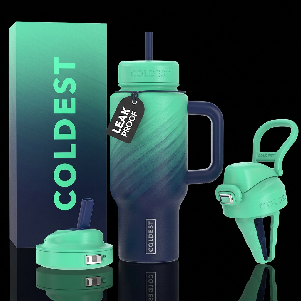 Deep mint angle gradient navy bkue to mint green water bottle design