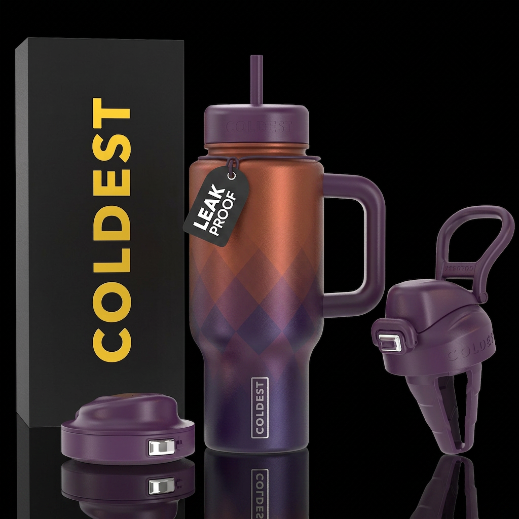 Diamond gradient rust color to deep purple water bottle design