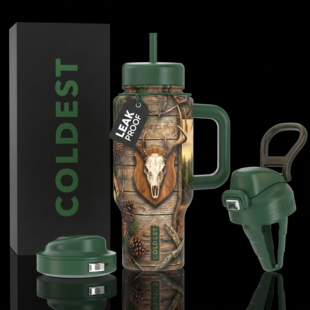 Deer antler mount in rustic setting water bottle design