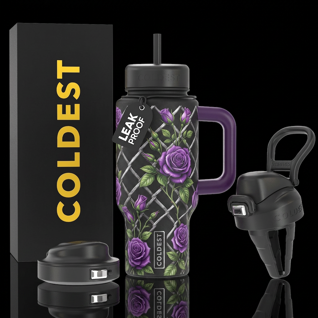 Purple roses climbing trellis water bottle design