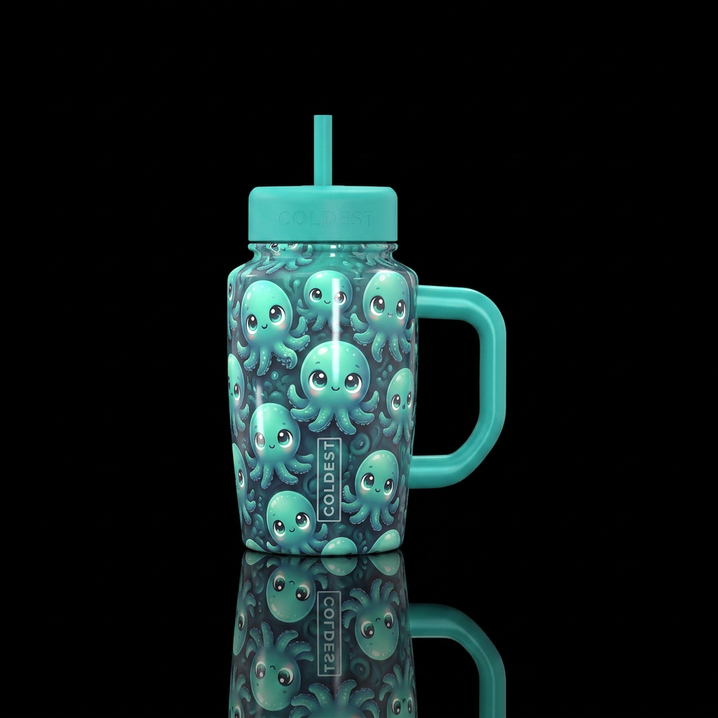 Glowy baby octopus big eyes whimsical water bottle design