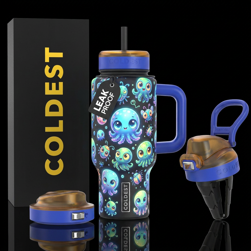 Glowy baby octopus bug eyes whimsical water bottle design