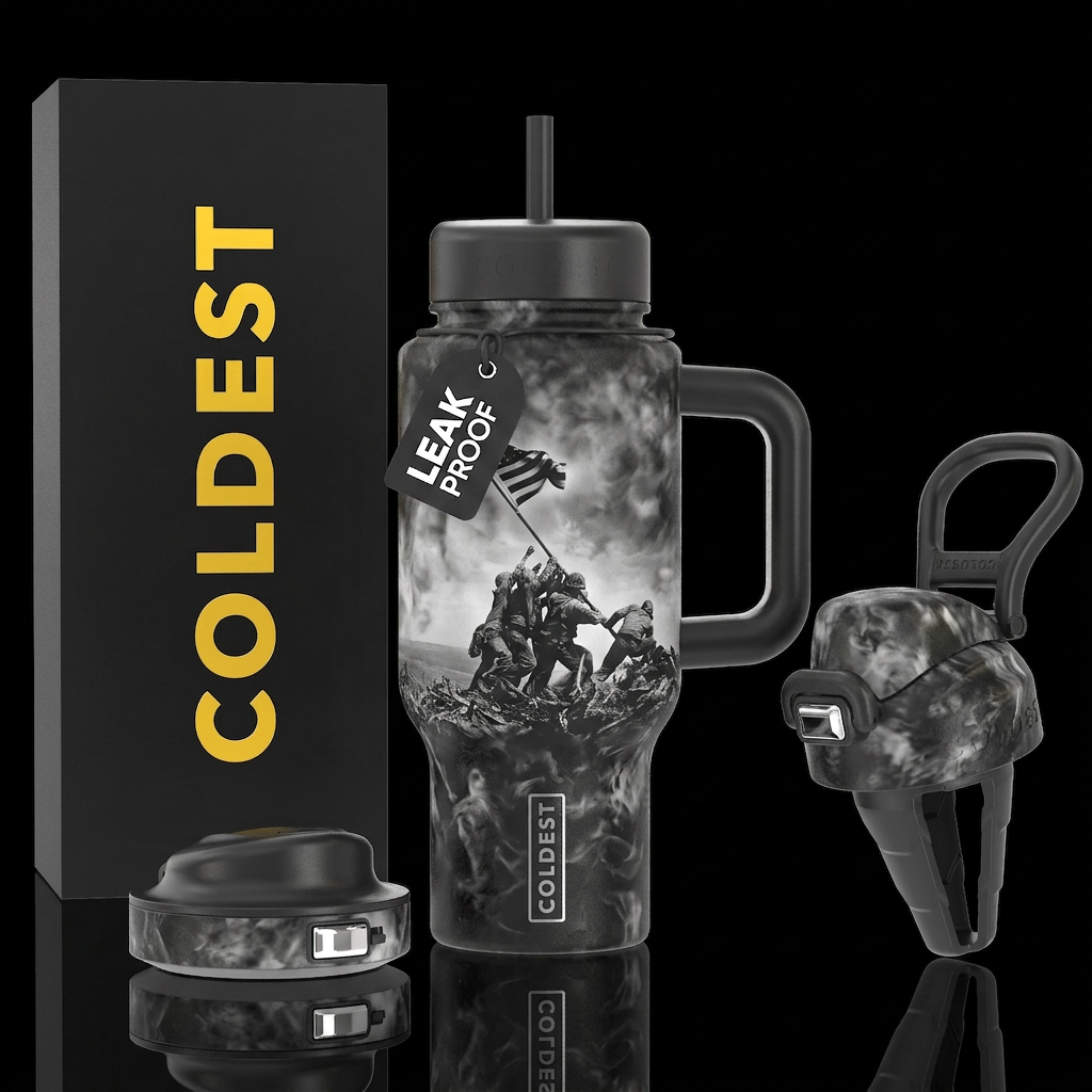 Raising the flag on iwo jima black and white smoky... water bottle design