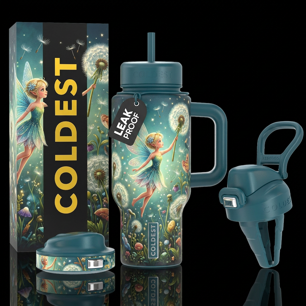 Dandelion fairy whimsical water bottle design