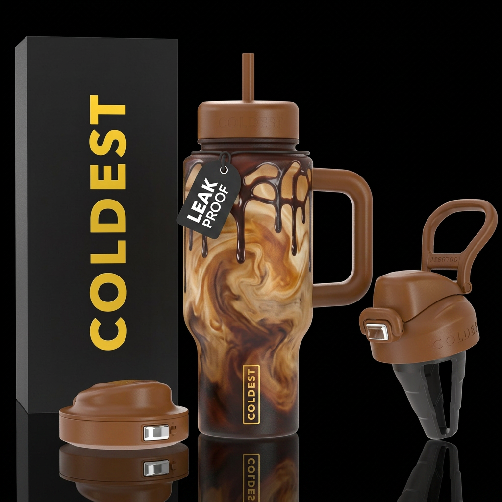 Iced caramel mocha coffee chocolate syrup drizzle water bottle design