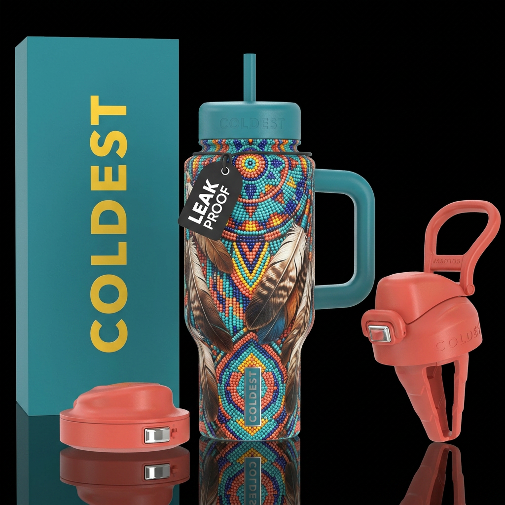 Native American beadwork and feathers water bottle design