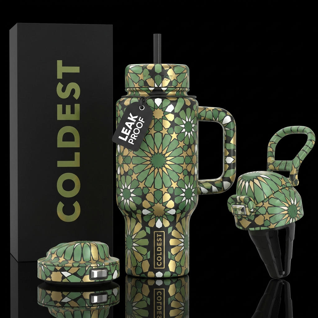 Geometric lucky stars green gold black white water bottle design