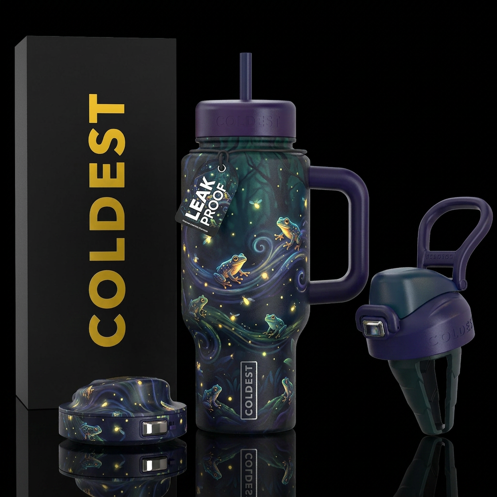 Glowy baby frogs whimsical night breeze background water bottle design