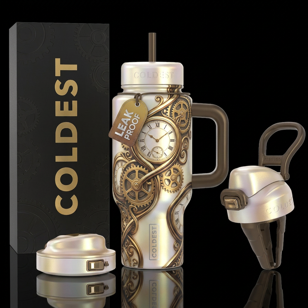 Gears and clocks twisted and wrapped gold and bron... water bottle design