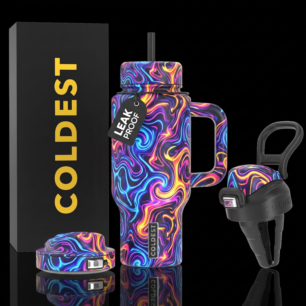 Controlled chaos neon colors dark handle and lid water bottle design