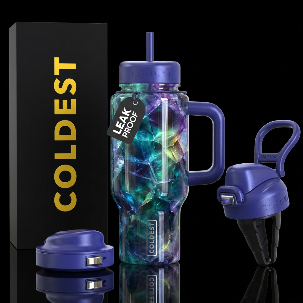 Rainbow glowing fluorite water bottle design