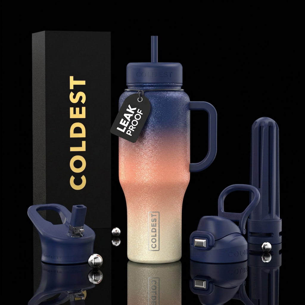 Peach navy cream trucolor ombre glitter water bottle design