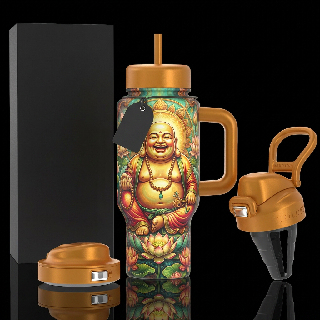 Happy buddha water bottle design