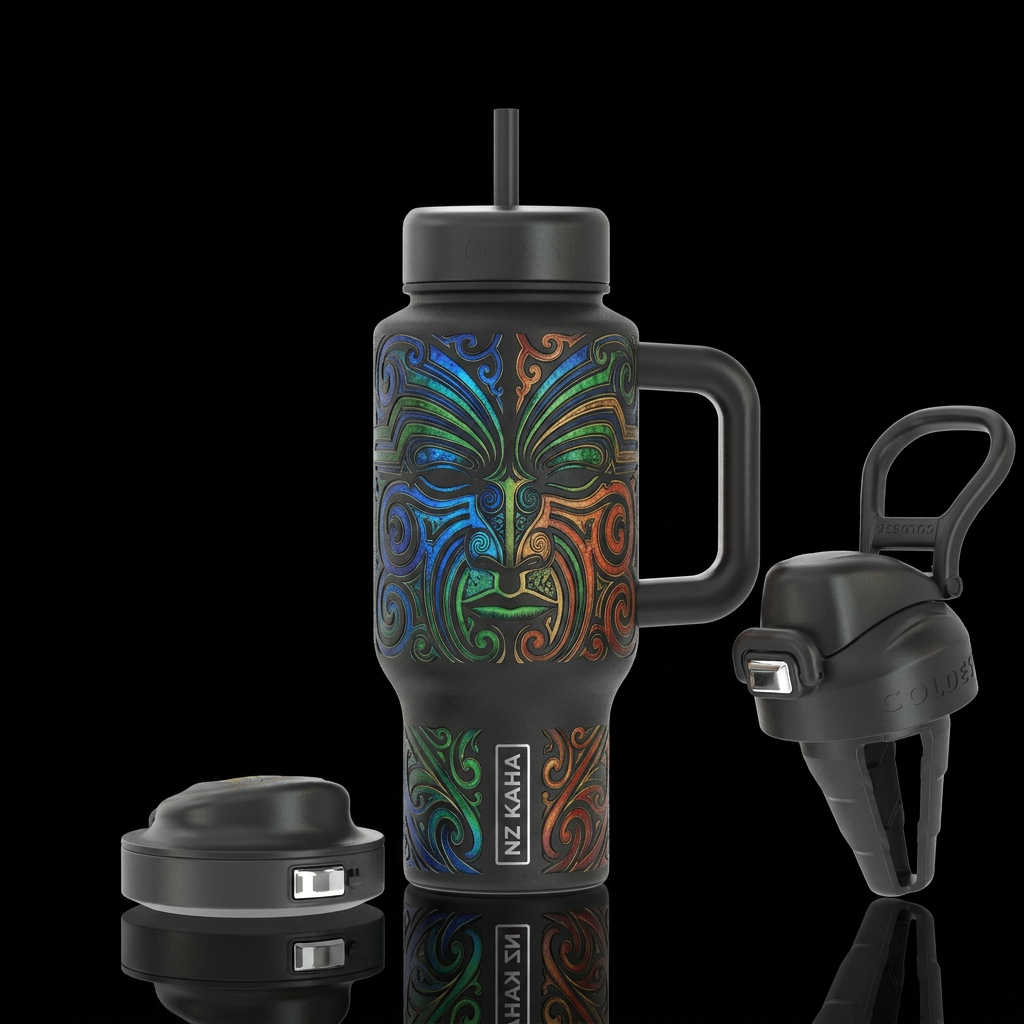 Tā moko water bottle design