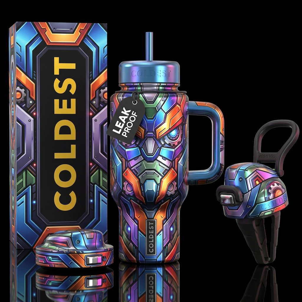 Geometric steelworks transformer water bottle design