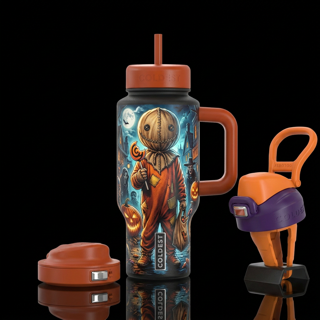 Trick or treat horror movie pumpkin head sam chara... water bottle design