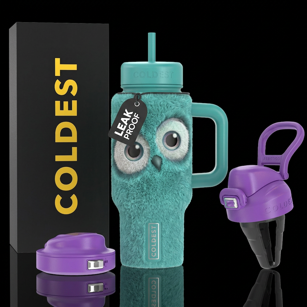 Whimsical fuzzy owl giant eyes head tilt water bottle design