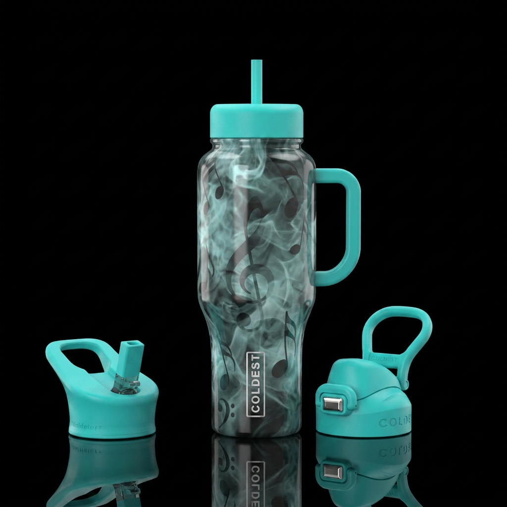 Music note shadows, smoky haze, water bottle design