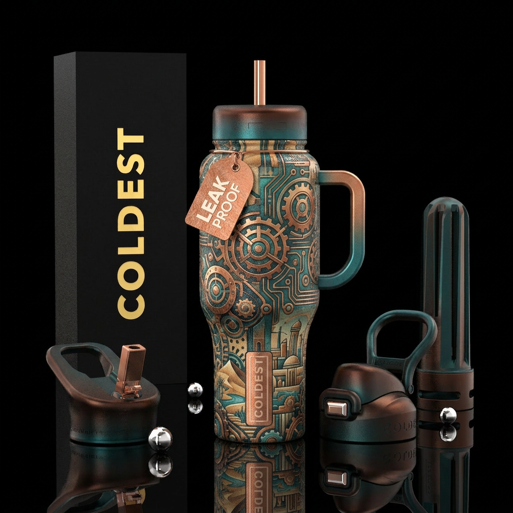 copper, retro, utopian, oasis, industrial, mesmeri... water bottle design