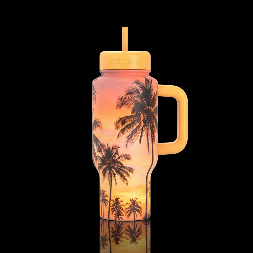 Palm trees and warm breeze water bottle design