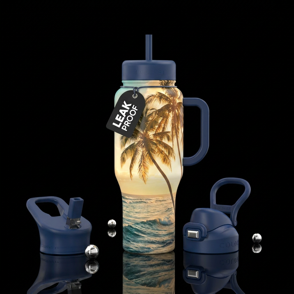 Palm trees warm breeze waves rolling water bottle design