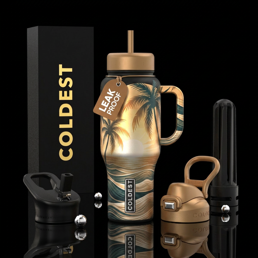 White sand palm trees warm breeze waves rolling water bottle design