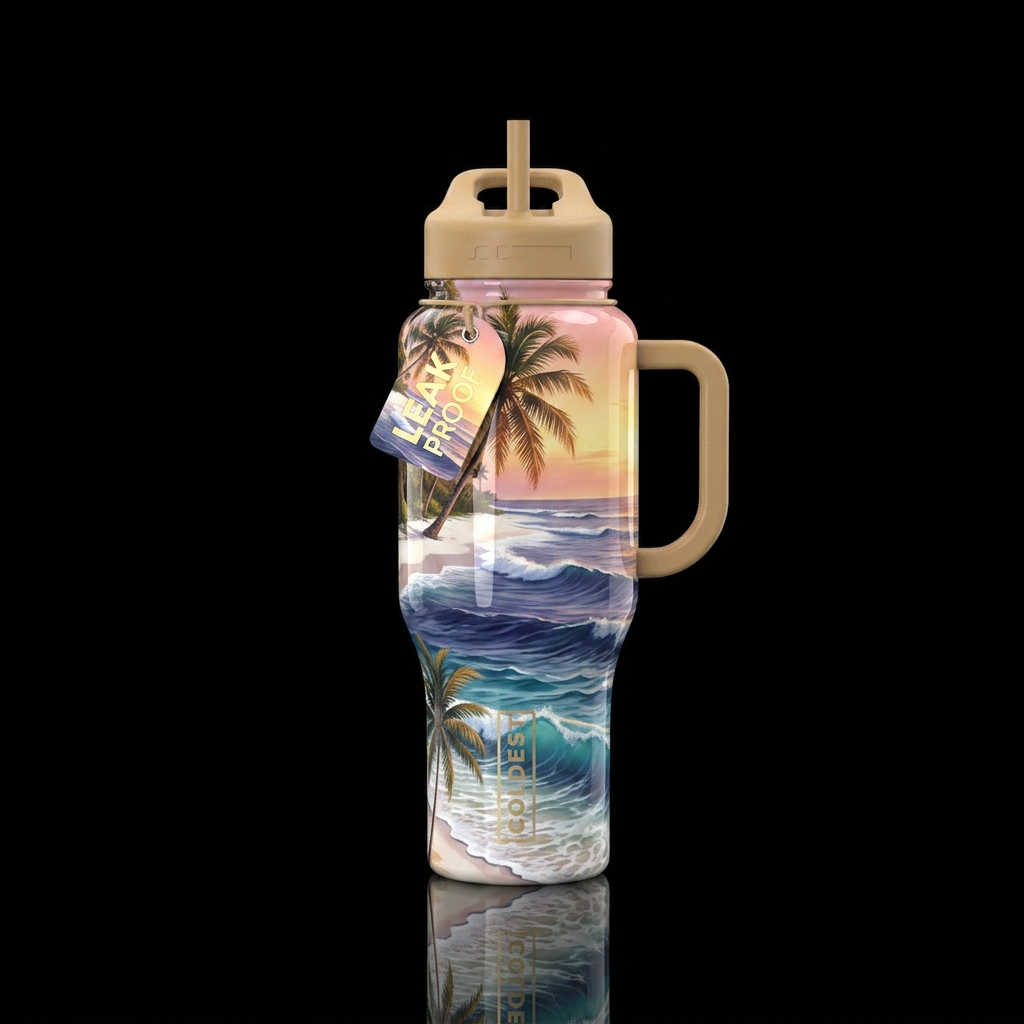 White sand palm trees warm breeze waves rolling water bottle design