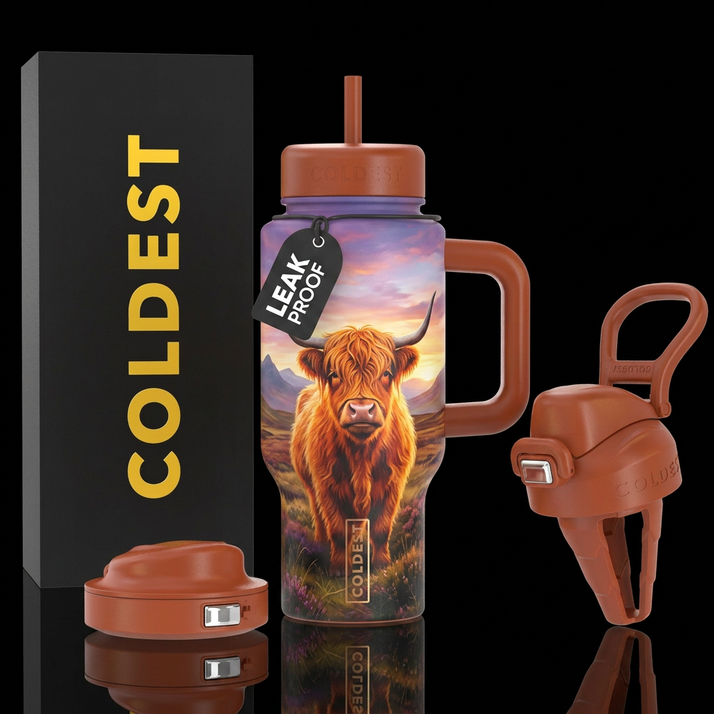Scottish Highland cow on the highland plain water bottle design