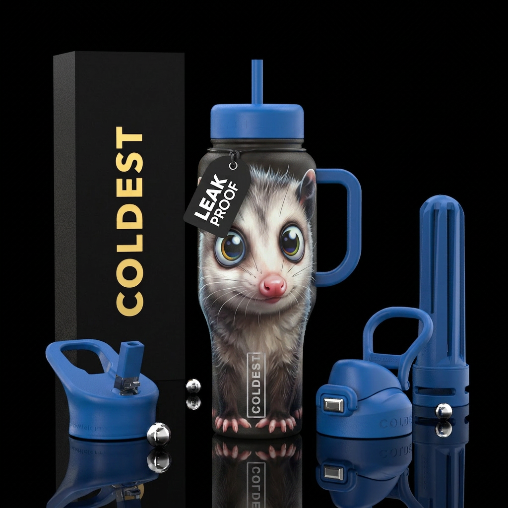 A baby opossum whimsical big cartoon eyes silly water bottle design