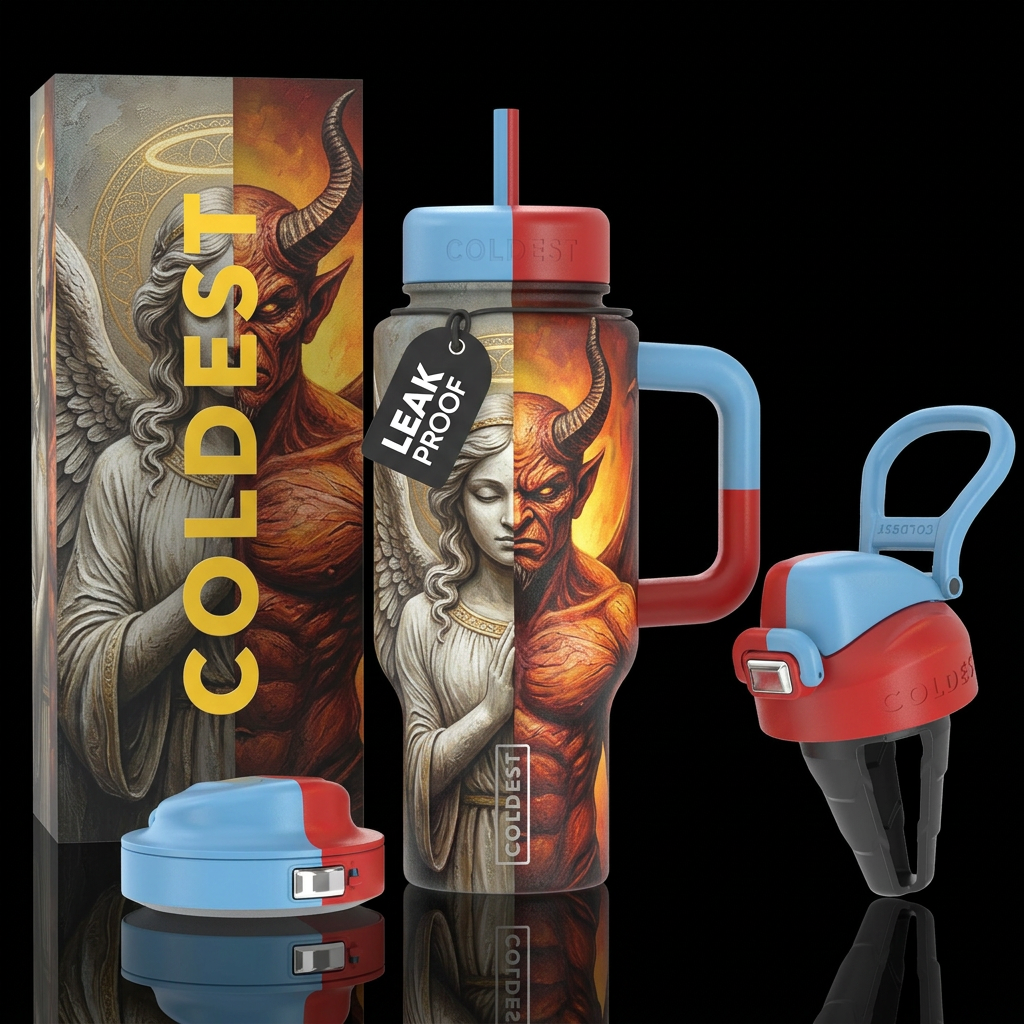 Angel on one side devil on the other water bottle design