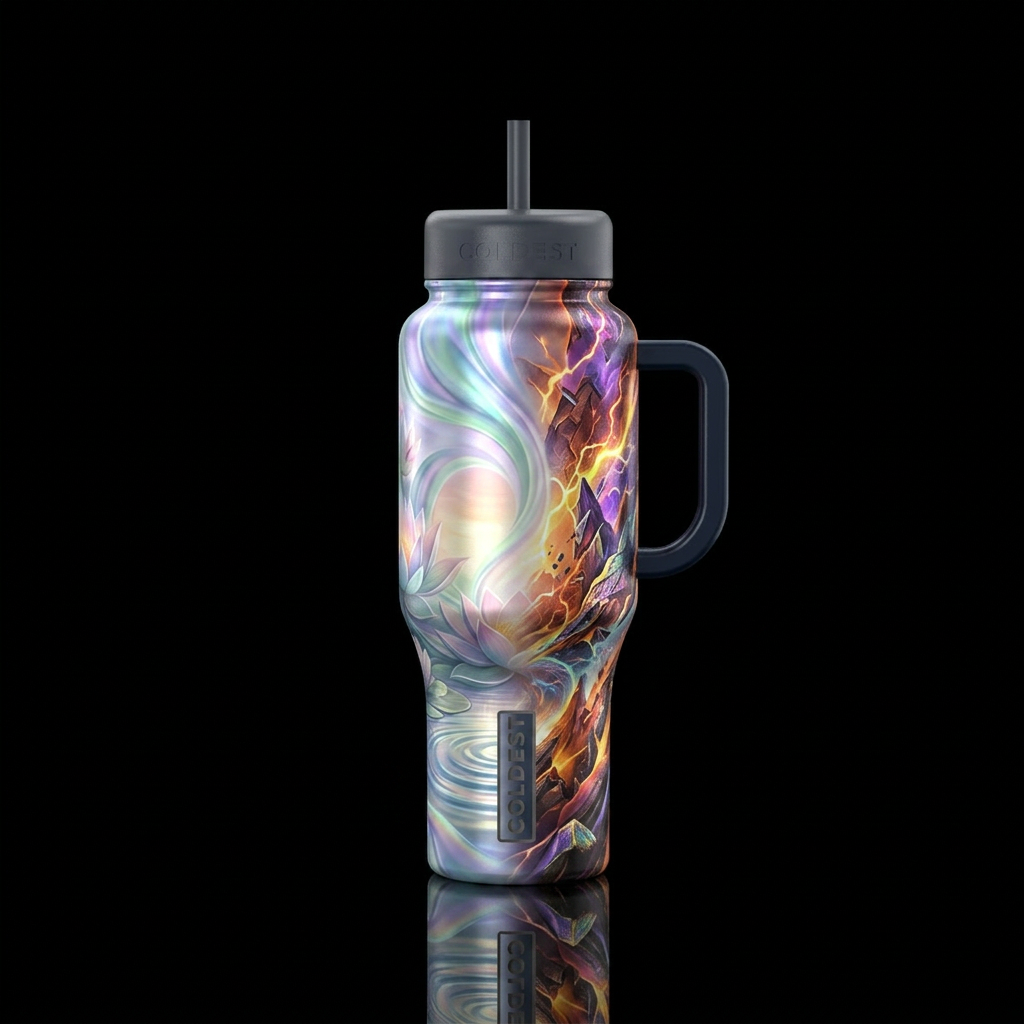 Calm and peace vs chaos and destruction water bottle design