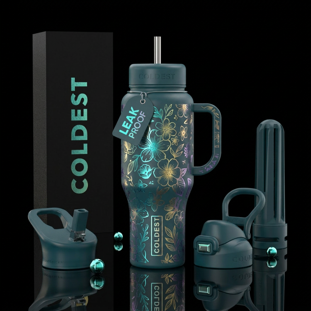 Metallic floral etch water bottle design
