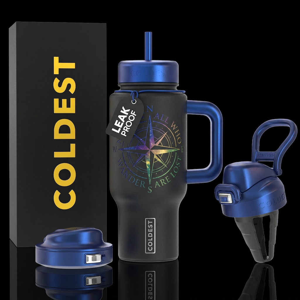 Compass north star not all who wander are lost water bottle design