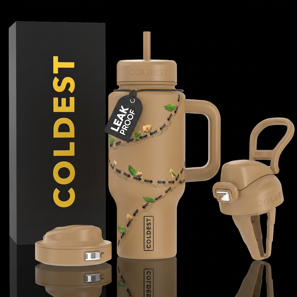 Single tiny black ant line carrying leaves and cru... water bottle design