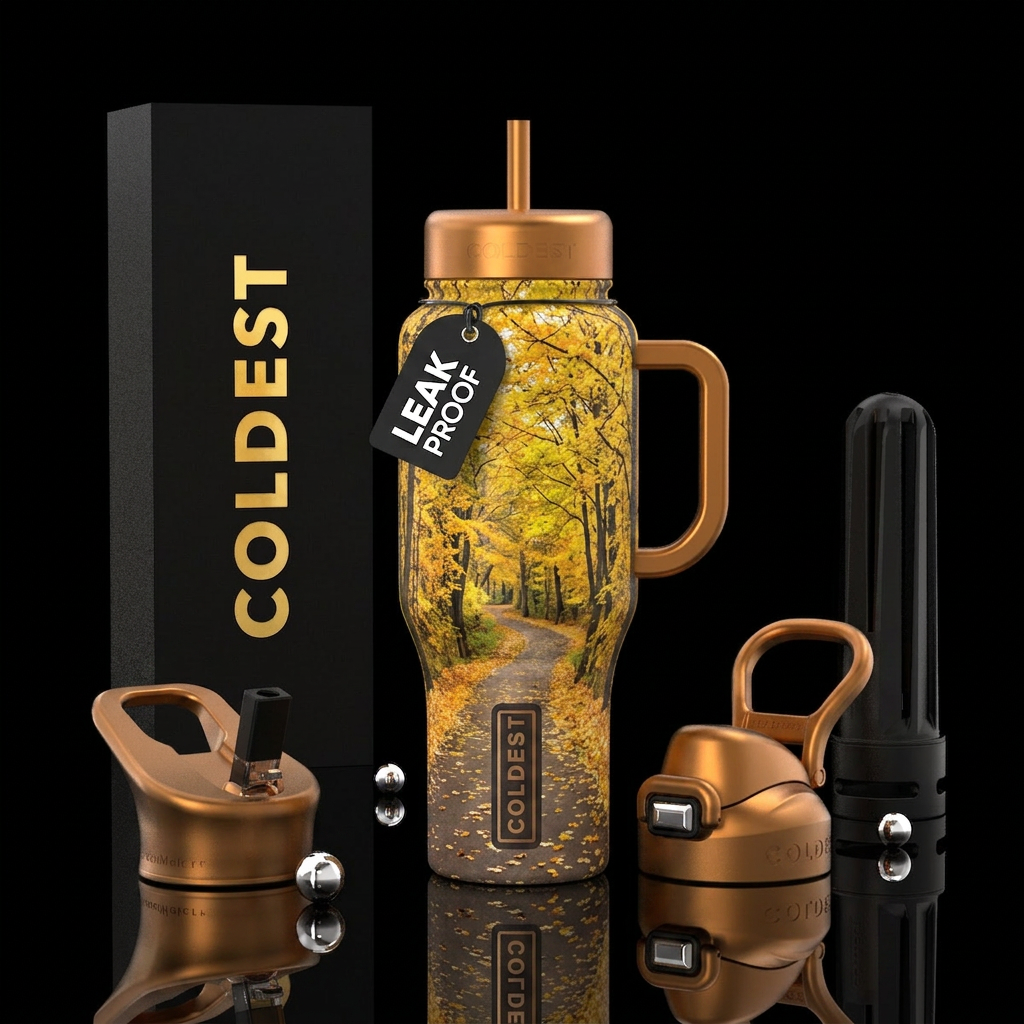 autumn forest yellow tree lined path water bottle design