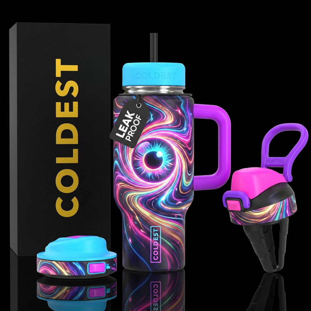 Neon storm swirl coming from eyeball water bottle design