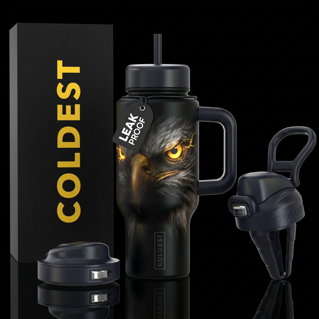 Glowing bald eagle eyes from darkness water bottle design