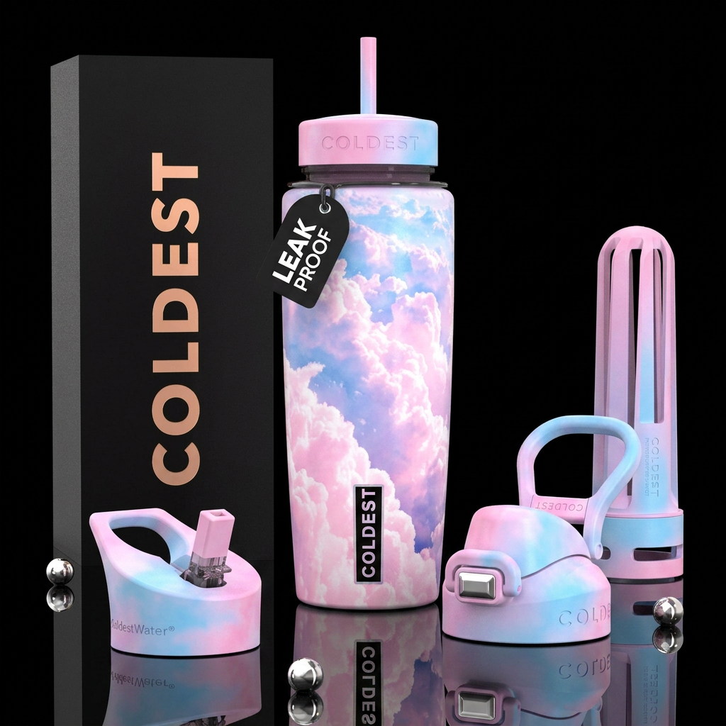 Cotton candy heaven clouds water bottle design