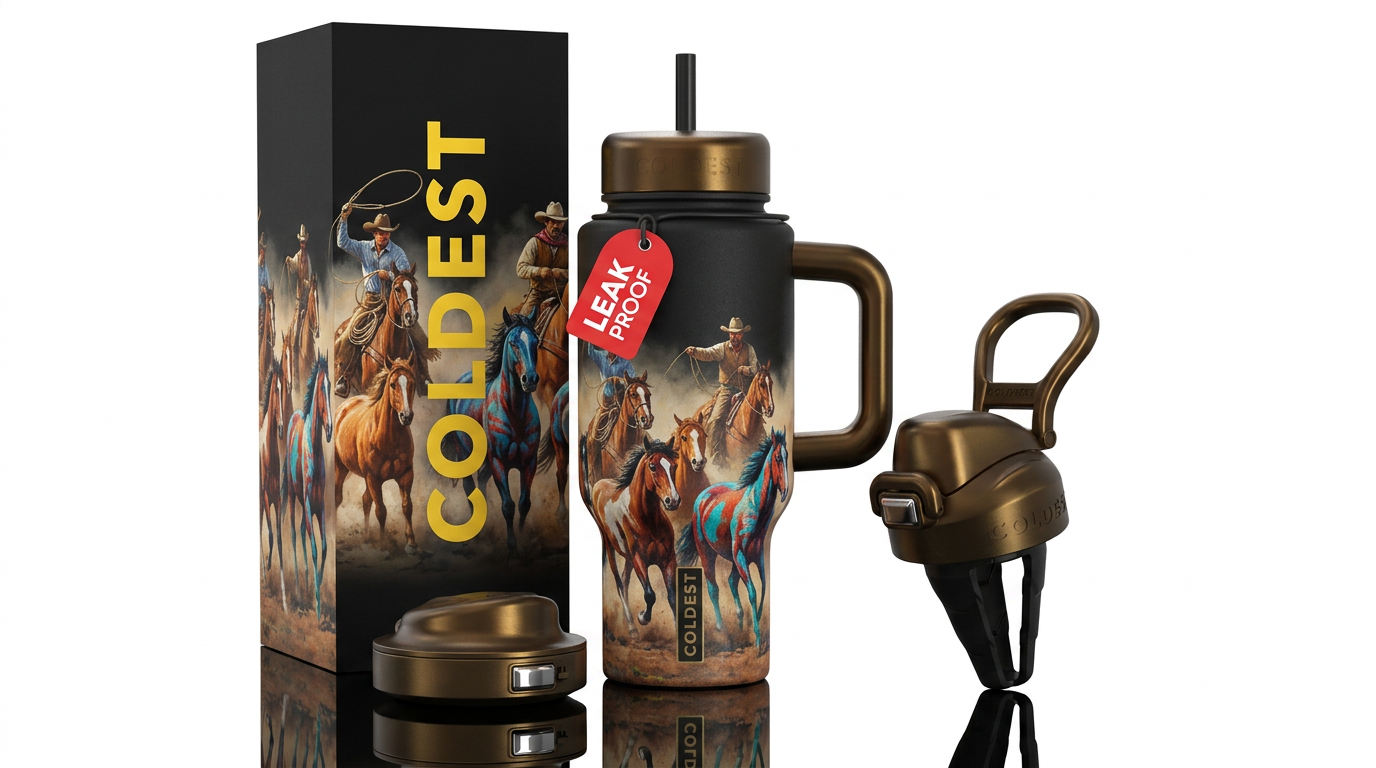 Cowboy mustang roundup water bottle design