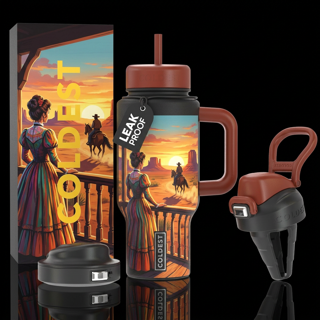 Saloon lady watching cowboy ride away water bottle design