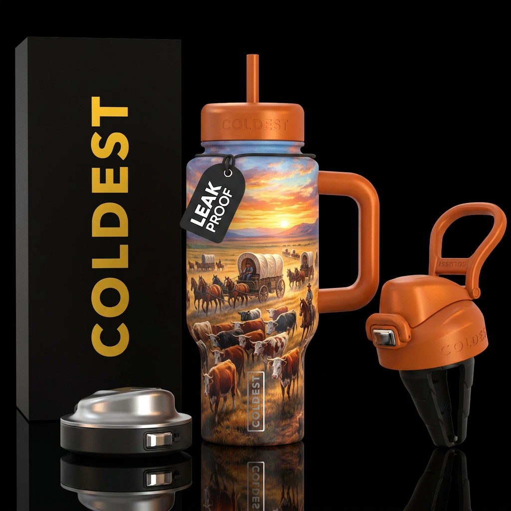 Wagon train across the plains with cattle and hors... water bottle design