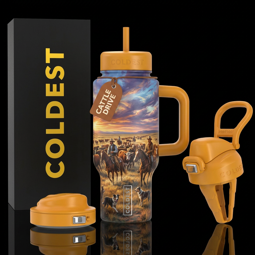 Cattle drive across the plains with cowboys on hor... water bottle design